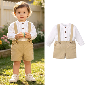 Ensemble chemise plissée et <span class=keywords><strong>short</strong></span> pour tout-petit garçon, haut en coton et <span class=keywords><strong>lin</strong></span> <span class=keywords><strong>blanc</strong></span> avec <span class=keywords><strong>short</strong></span> à bretelles réglables, tenues décontractées pour enfants, vente en gros - Product Image 3