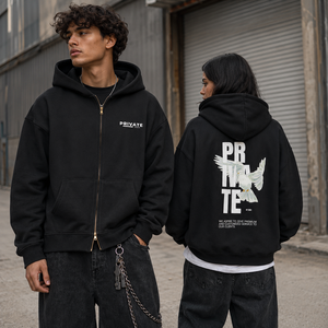 Sudadera con capucha negra con cremallera para hombre y mujer, oversize, de algodón grueso, con estampado gráfico de paloma de Private Studio, estilo streetwear Y2K, personalizada. - Product Image 3