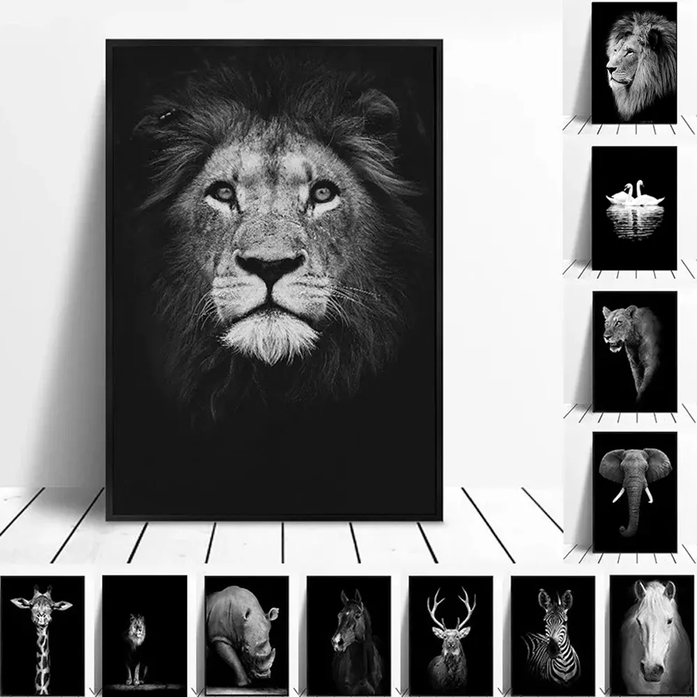 Custom Animal Canvas Wall Art Lion Elephant Hippo Poster And Modern Minimalist Photo Wall Living Room Bedroom Decoration