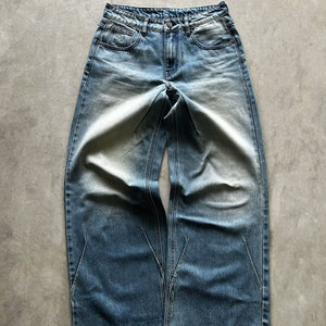 Đau Khổ Tùy chỉnh cao Eo Nút đóng cửa cổ điển rửa Baggy Jeans của nam giới tách denim ngăn xếp loe jeans unisex - Product Image 5