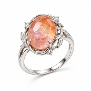 925 Sterling <b>Silver</b> Natural Sunstone <b>Ring</b>, Oval Cut with Leaf Vine Setting, Bohemian <b>Statement</b> Jewelry for Women - Product Image 1