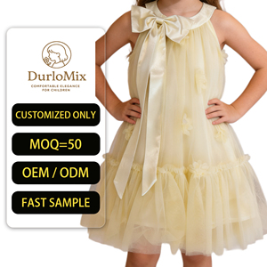 Платье для девочек на день рождения с круглым вырезом, тканое, с цветочным узором, летнее, однотонное, из тюля, с большим бантом, многослойное, из полиэстера, в стиле принцессы, ODM - Product Image 1