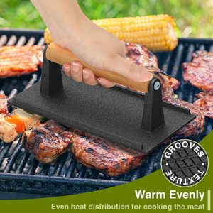 Prensa para Hamburguesas <span class=keywords><strong>Smash</strong></span>, <span class=keywords><strong>Plancha</strong></span> de Hierro Fundido Resistente, Redonda y Rectangular, Prensa para Asar Tocino con Mango de Madera - Product Image 2