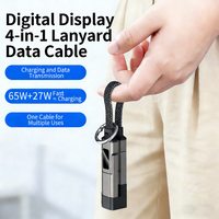 Cable de carga 4 en 1 USB tipo C PD con llavero, pantalla LED digital, 65W 5A, carga rápida, cable de datos con cordón para teléfono, línea portátil.