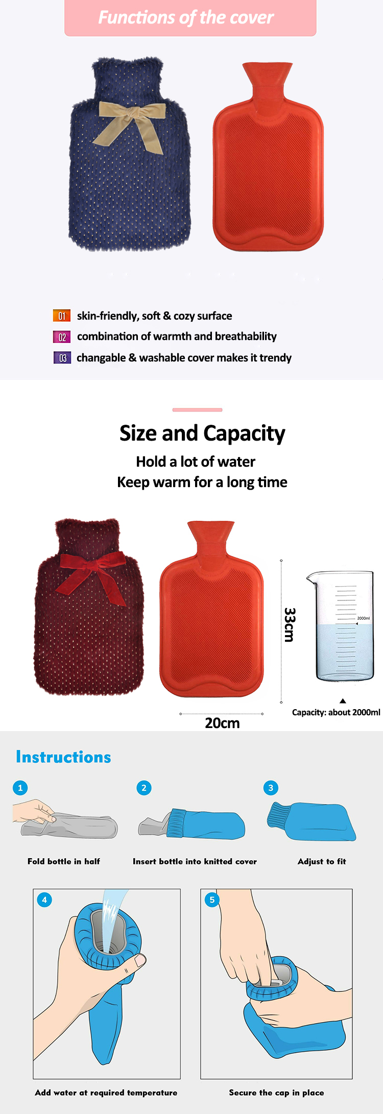 rubber hot water bottle winter warm hand warmer bag portable fluffy hot water bottle cover