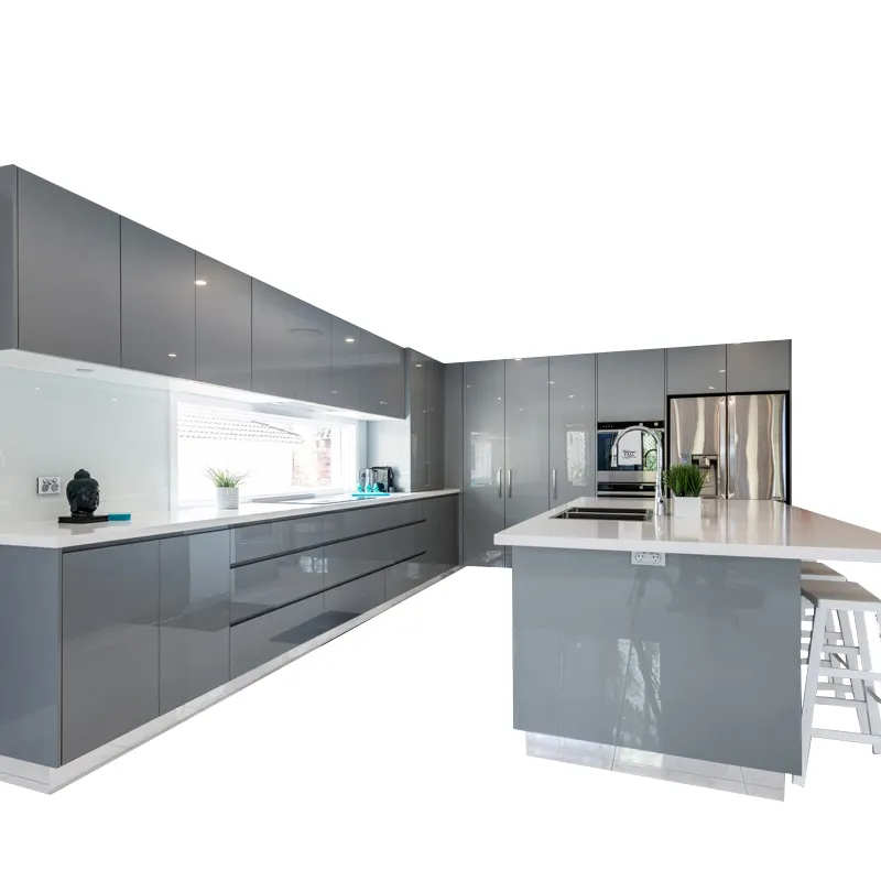 Muebles de cocina acrílicos de alto brillo, mobiliario Modular moderno, color gris, negro