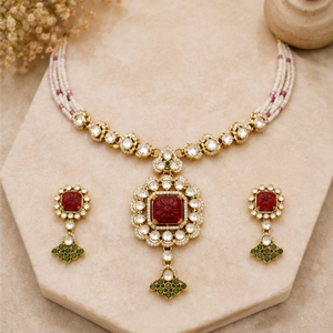 Elegant 925 <b>Silver</b> Necklace and Earrings Set with Red and Green Stones White Beads Traditional Indian Bridal Jewelry - Product Image 1