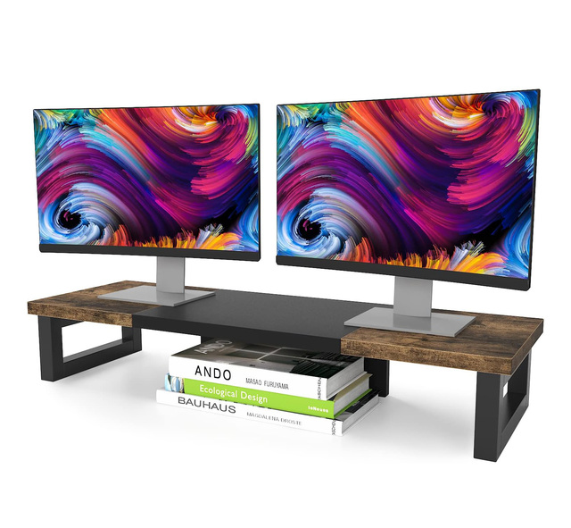Dual Monitor Stand Riser Wood Multi-Purpose Desktop Storage Stand for 2 Monitors Living Room Use Double Tier