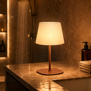Shower Wooden Table Lamp With Fabric Drum Shade Warm waterproof <b>Light</b> For Bathroom Shower Area Waterproof Design - Product Image 1