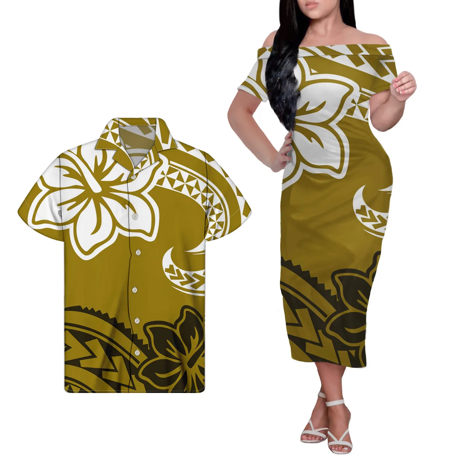 Dropship Polynesische Tribal Goedkope Casual Vrouwen Jurk Bijpassende Mannen Shirt Luxe Custom Off Shoulder Jurken Voor Meisjes