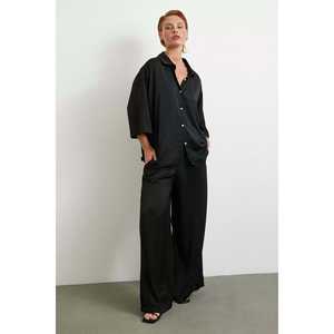 Pantalones Elegantes de Pierna Ancha, Negros, de Satén, Cintura Alta, Fluidos, para Mujer, Tela Transpirable - Product Image 4