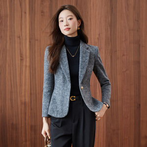 Women's Wool Blazer Gray Suit Solid Color No-Wrinkle Treatment Petite Short Style Versatile Top - Product Image 1