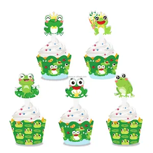 Huancai grüner Frosch Cupcake Topper Papier kuchen Wrapper 20 Packungen Cartoon benutzer definierte für Sommer Frosch Kinder Geburtstags feier Dekorationen
