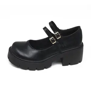 รองเท้าโกธิคโลลิต้าสำหรับผู้หญิง,รองเท้าส้นสูงสีดำรองเท้าส้นหนาพร้อมสายรัดข้อเท้ารองเท้าส้นตึกสีดำ
