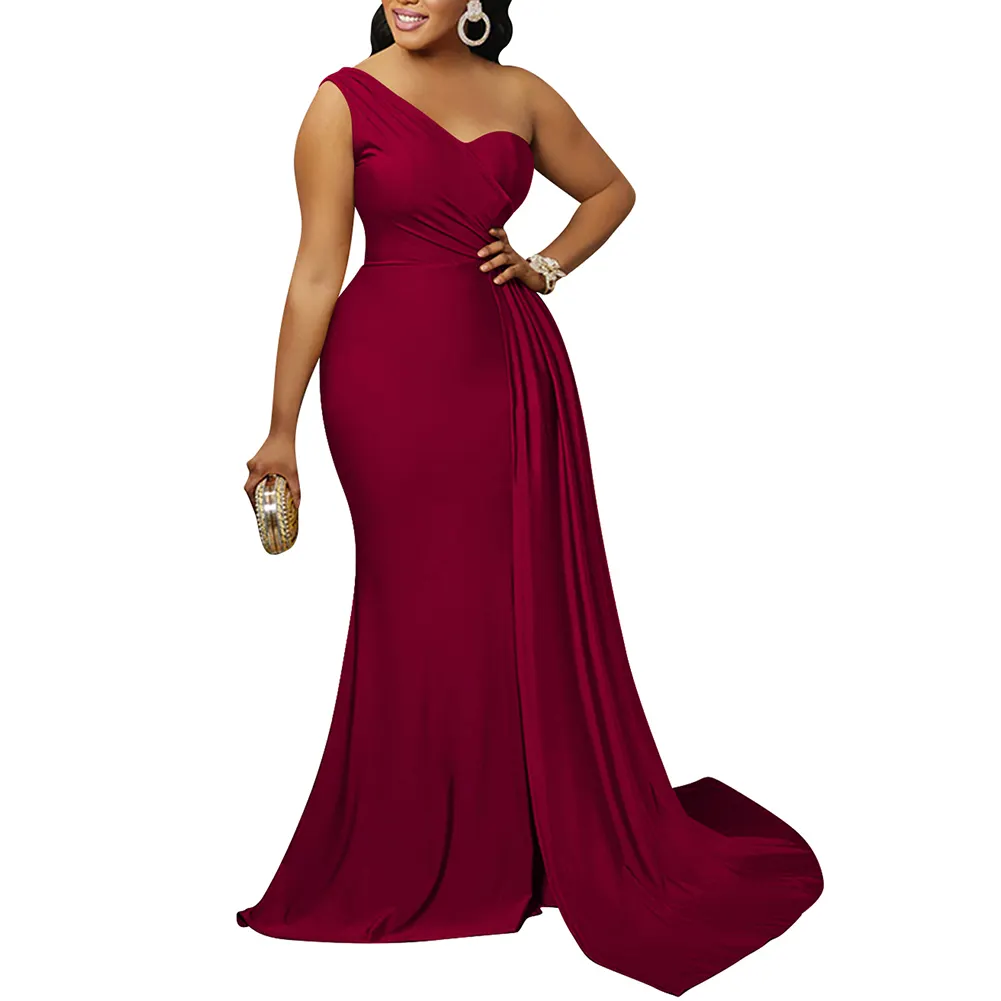 Wholesale One Shoulder High Split Long Prom Dresses Women Lady Elegant Maxi Party Dress