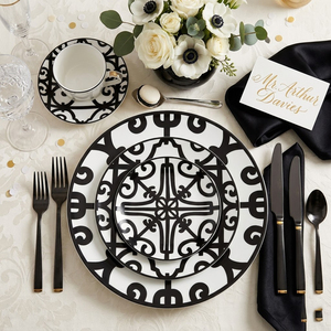 <span class=keywords><strong>Service</strong></span> de table en céramique <span class=keywords><strong>noir</strong></span> <span class=keywords><strong>et</strong></span> <span class=keywords><strong>blanc</strong></span> personnalisé, assiettes en porcelaine à motifs géométriques vintage, <span class=keywords><strong>vaisselle</strong></span> résistante au lave-<span class=keywords><strong>vaisselle</strong></span> pour la vente au détail - Product Image 1