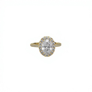 Anillo de compromiso de lujo chapado en oro de 18K y 14K con diamante ovalado cultivado en laboratorio, halo y pavé, con diamantes redondos en el tallo, solitario, anillo fino. - Product Image 1