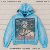 Sweat à capuche zippé personnalisé Atelier Bleu 450 g/m² coupe ample, capuche effilochée, motif Statue Grecque, motif soleil, effet délavé, en molleton, style streetwear, OEM ODM