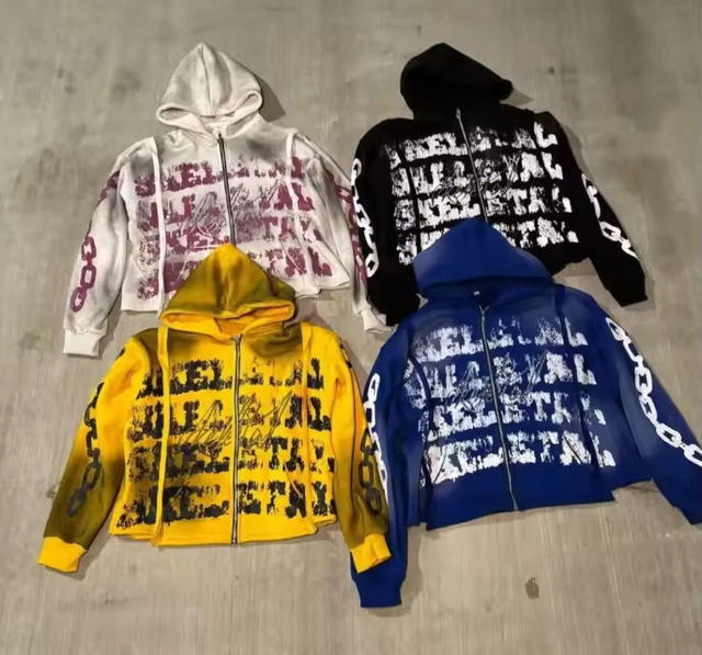 Custom Vintage Streetwear Oversized Winter Heavy 500gsm Zip Jacket Dtg Print Zipper French Terry Acid Wash Distressed Hoodie