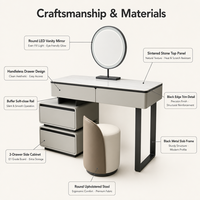 Table de toilette moderne pliable pour chambre et salon avec miroir LED, armoire latérale à 4 tiroirs, plateau en bois massif, écologique et sans poignée