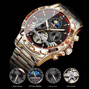 Poedagar 1410 jam tangan kasual pria, Tourbillon baja tahan karat jam sabuk fase bulan mekanis otomatis Montre Homme - Product Image 3