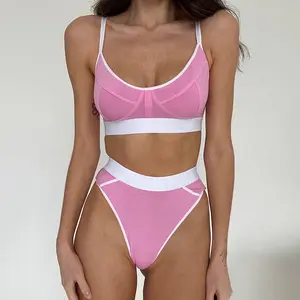 2023 Cor rosa Confortável costela desportiva underwear fio livre sutiã top cintura alta bikini fitness contraste cor esporte sutiã conjunto
