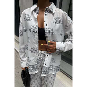 Conjunto de Lino con Estampado Étnico Sobe para Mujer, Manga Larga, Estilo Bohemio, Transpirable, Primavera Verano, Blanco - Product Image 4