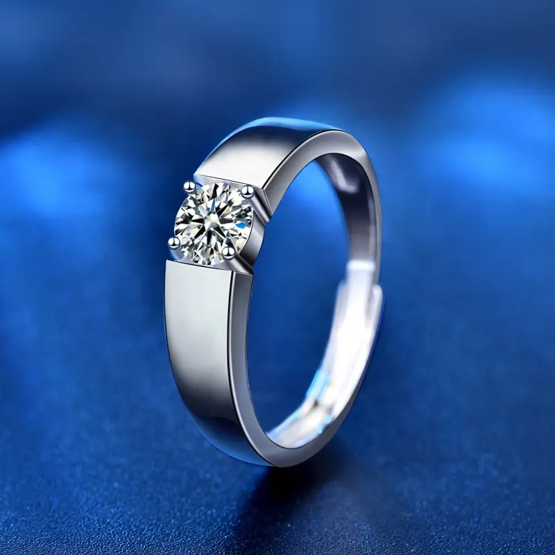 925 Sterling Silver Men's Engagement Ring 0.5Ct D Color 5mm Moissanite Diamond Adjustable Rings