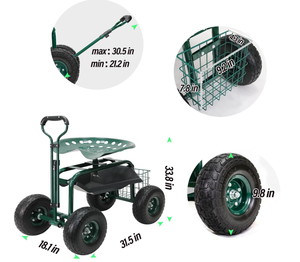 Skuter Kebun Roda 4 dengan Kursi Putar, Baki & Keranjang Penyimpanan, Gerobak Kerja Kebun Mobile Tugas Berat - Product Image 3