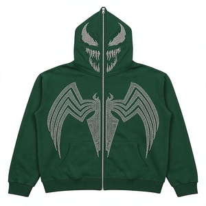 Sweat-shirt à capuche zippé vert pour homme avec motif Venom en strass, coupe classique, décontracté, en coton tricoté, pour l'automne, bapehoodie - Product Image 1