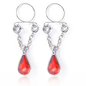 fashion red drop rhinestone titty breast rings non piercing hanging chain adjustable stretching nipple piercing jewelry