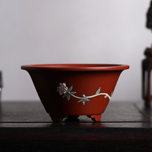กระถางบอนไซดินเผาสีม่วงวาดลายดอกโบตั๋น งานศิลปะสไตล์จีน ของสะสม - Product Image 1