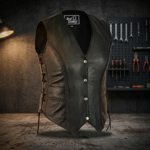 Gilet de moto décontracté en cuir véritable pour homme, respirant, col en V, avec lacets latéraux ajustables et fermeture à boutons recouverts |   Hiver en plein air - Product Image 3