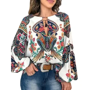 Stock blusa ajustada de manga larga con estampado de tótem satinado para mujer