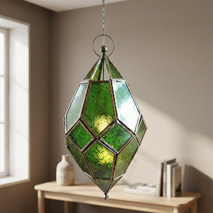 Farol de Hierro en Oferta con Acabado en Cobre y Vidrio Verde, Portavelas Marroquí, Decoración Festiva para el Hogar - Product Image 1