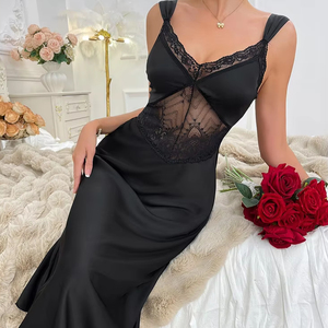 ชุดนอนซีทรูผ้าซาตินสีพื้นแต่งลูกไม้แฟชั่นใหม่ ชุดเดรสยาวสำหรับผู้หญิง - Product Image 3