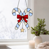 Attrape-soleil en verre coloré fait main, motif double croix, canne à sucre, nœud rouge, étoile jaune, décoration de fenêtre de Noël