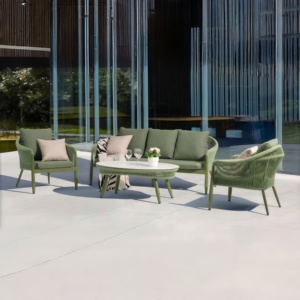 Ensemble de meubles d'extérieur confortables en aluminium vert moderne, canapé, chaises, table basse, salle à manger, utilisation en hôtel, patio, jardin, terrasse - Product Image 1
