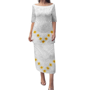 Tonga bianco Sunday Puletasi abito polinesia stampa fiori abiti per donna sera festa gonna - Product Image 3
