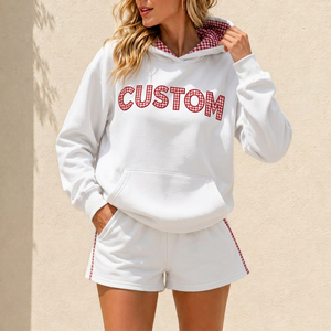 Ensemble 2 pièces personnalisé pour femme : sweat à capuche et short, avec bordure à carreaux et imprimé lettres, coupe ample, tenue de sport décontractée, toutes saisons - Product Image 4