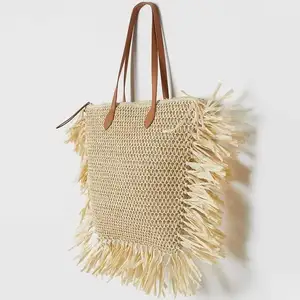 时尚纸草女沙滩包手工钩针天然大容量购物袋漂亮女士手提包热手提袋