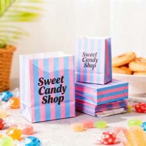 Sacs en papier kraft blanc et brun rayés personnalisés avec logo pour aliments, friandises, bonbons et sucettes - Product Image 2