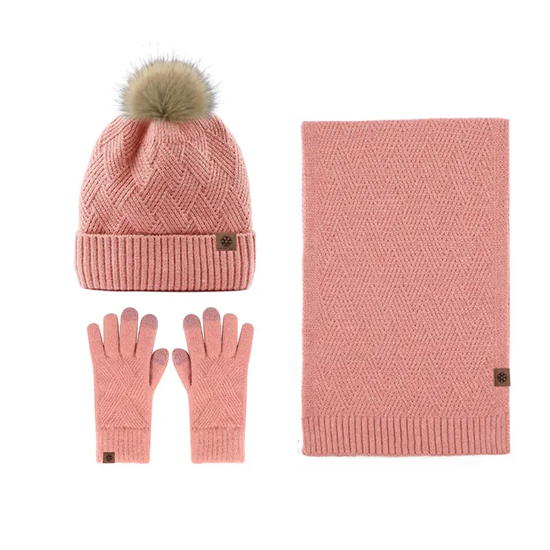 Gorro con pompón de alta calidad, bufanda polar cálida, conjunto de guantes con pantalla táctil para mujer