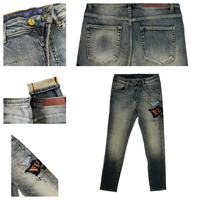 Jean en denim épais vintage pour homme, coupe droite, avec motifs imprimés et patch en cuir véritable pour usage quotidien
