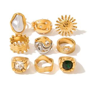 Conjunto de Anillos Yueli con Perlas y Circonitas, Forma Geométrica, Unisex, para Uso Diario, Engaste de Bisel, Joyería de Acero Inoxidable - Product Image 5