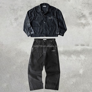 Conjunto de Chaqueta Vaquera Encerada con Botones y Jeans de Pierna Recta, Conjunto de Dos Piezas de Mezclilla Encerada Extra Grande para Hombre - Product Image 1