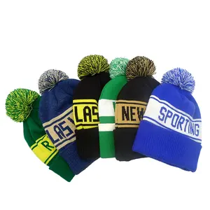 Toque personalizado unissex em malha, gorro esportivo de malha, pom, casaco e logotipo personalizado para áreas externas, inverno