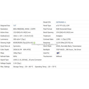 G070VAN01.1 AUO Interfaz LVDS de 7 pulgadas Resolución de 800x480 Panel LCD de retroiluminación WLED Calidad garantizada - Product Image 4