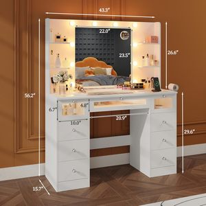 Makeup <strong>Vanity</strong> <strong>Desk</strong> <strong>with</strong> Large 9 <strong>Drawers</strong> Makeup <strong>Vanity</strong> Table <strong>with</strong> Mirror Glass Top 3 Color Bulbs <strong>Vanity</strong> <strong>with</strong> Charging Station - Product Image 4