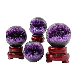 Wholesale Healing Natural Crystal Handmade Amethyst Cluster Ornament Carving Crystal Geode Laugh Ball For Decor